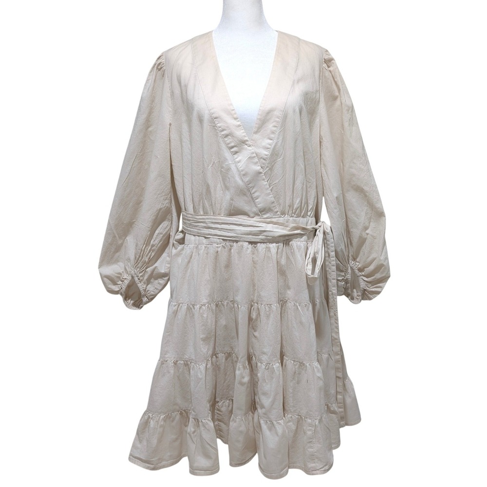 Banana Republic Womens XL Beige Cotton Surplice Tiered Mini Dress Lantern Sleeve